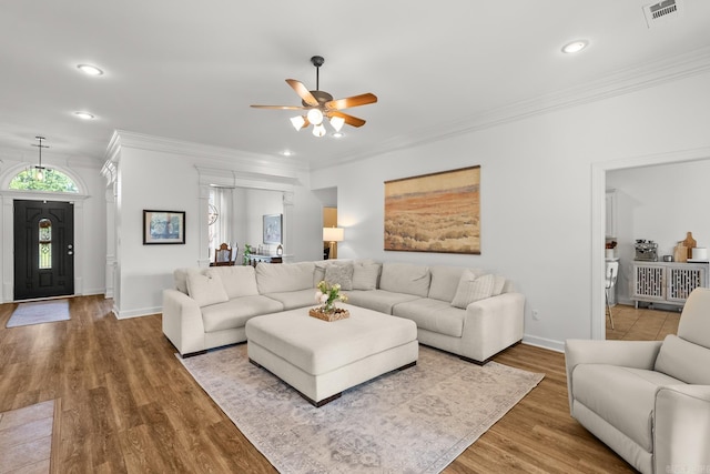 7 Chalamont Way, Little Rock, AR 72223 - living room with a ceiling fan, recessed lighting, crown molding, and wood finished floors