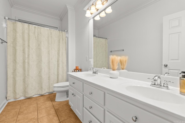 7 Chalamont Way, Little Rock, AR 72223 - bathroom featuring double vanity, ornamental molding, tile patterned flooring, and curtained shower