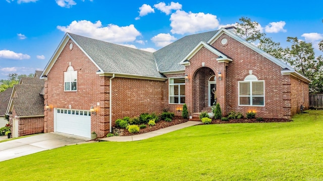 7 Chalamont Way, Little Rock, AR 72223 - traditional-style house featuring brick siding, an attached garage, concrete driveway, a front lawn, and a shingled roof