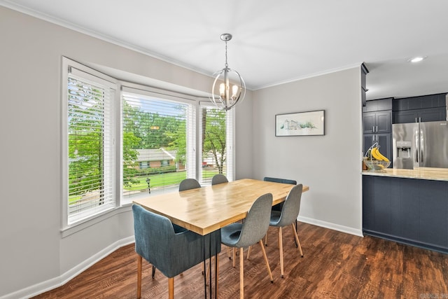 7002 Amherst Dr, Little Rock, AR 72205 - dining area featuring healthy amount of natural light, a chandelier, ornamental molding, dark wood-style flooring, and recessed lighting
