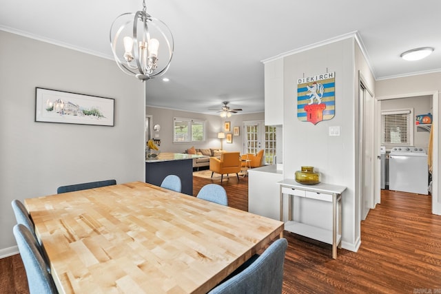 7002 Amherst Dr, Little Rock, AR 72205 - dining area with washer / dryer, crown molding, dark wood finished floors, a chandelier, and ceiling fan