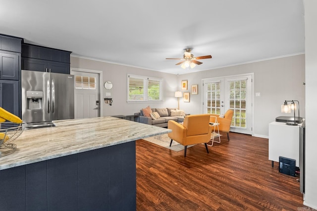 7002 Amherst Dr, Little Rock, AR 72205 - living area with ceiling fan, crown molding, and dark wood-style floors