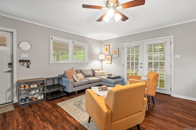 7002 Amherst Dr, Little Rock, AR 72205 - living area featuring healthy amount of natural light, ornamental molding, wood finished floors, a ceiling fan, and french doors