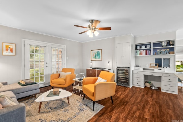 7002 Amherst Dr, Little Rock, AR 72205 - living room with wine cooler, dark wood-style floors, crown molding, healthy amount of natural light, and a ceiling fan
