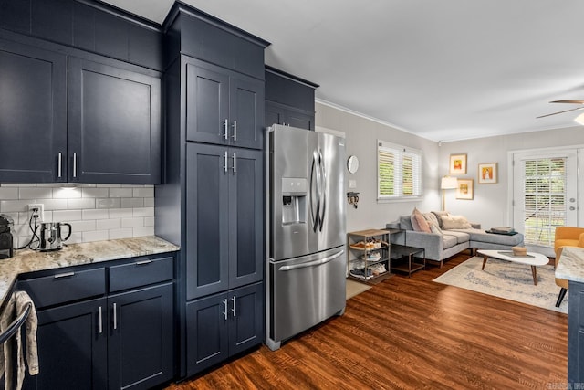 7002 Amherst Dr, Little Rock, AR 72205 - kitchen featuring stainless steel refrigerator with ice dispenser, open floor plan, dark wood-style floors, ornamental molding, and tasteful backsplash