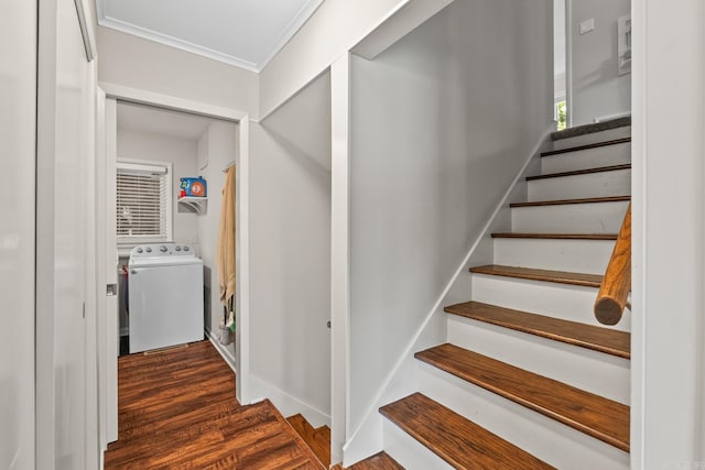 7002 Amherst Dr, Little Rock, AR 72205 - staircase with washer / clothes dryer, crown molding, and wood finished floors