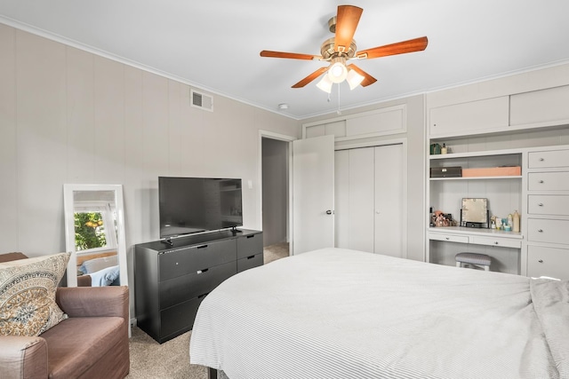 7002 Amherst Dr, Little Rock, AR 72205 - bedroom featuring crown molding, light carpet, and a ceiling fan