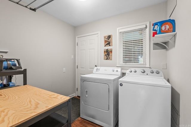 7002 Amherst Dr, Little Rock, AR 72205 - laundry area with washing machine and dryer and dark wood-style flooring