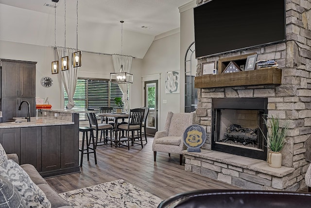 2720 Paradise Hls, Jonesboro, AR 72405 - living area with wood finished floors, a stone fireplace, and high vaulted ceiling