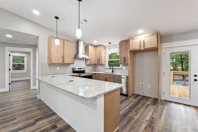 26 W Mobbs Cir, Greenbrier, AR 72058 - kitchen featuring wall chimney range hood, stainless steel appliances, a peninsula, decorative backsplash, and dark wood-type flooring