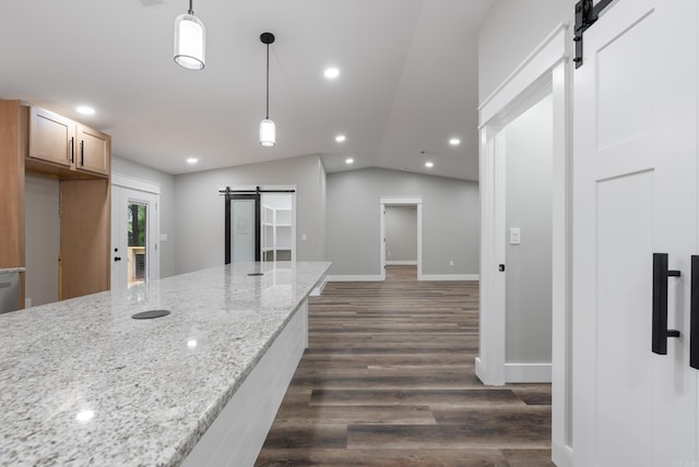 26 W Mobbs Cir, Greenbrier, AR 72058 - kitchen featuring a barn door, recessed lighting, decorative light fixtures, lofted ceiling, and dark wood-type flooring