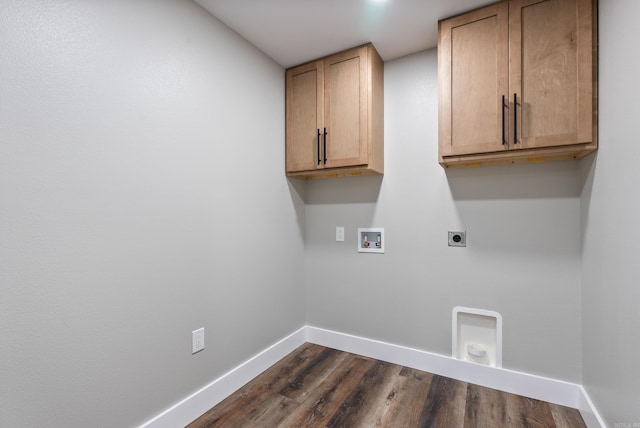26 W Mobbs Cir, Greenbrier, AR 72058 - laundry area featuring electric dryer hookup, cabinet space, hookup for a washing machine, and dark wood finished floors