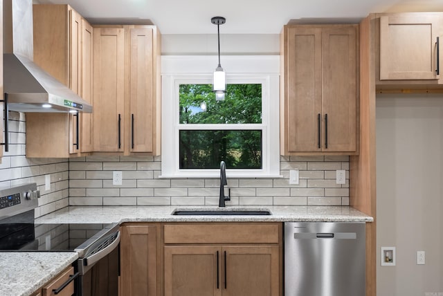 26 W Mobbs Cir, Greenbrier, AR 72058 - kitchen with appliances with stainless steel finishes, wall chimney exhaust hood, tasteful backsplash, and hanging light fixtures
