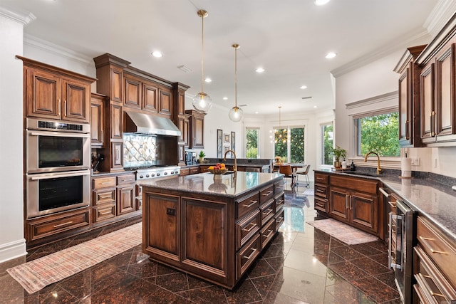 5090 Oakhurst Way, Conway, AR 72034 - kitchen featuring stainless steel appliances, range hood, wine cooler, granite floors, and recessed lighting