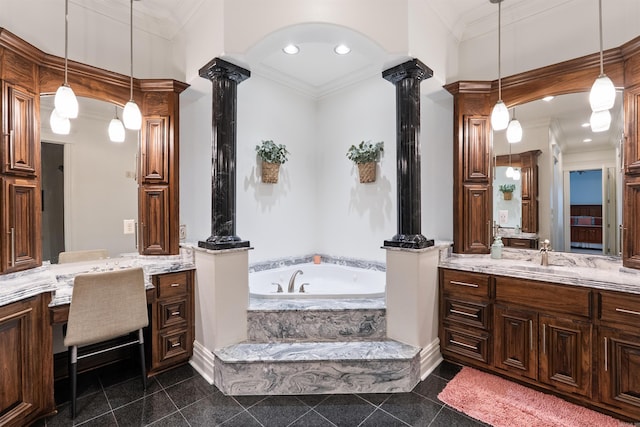 5090 Oakhurst Way, Conway, AR 72034 - bathroom featuring decorative columns, vanity, a garden tub, granite floors, and ornamental molding