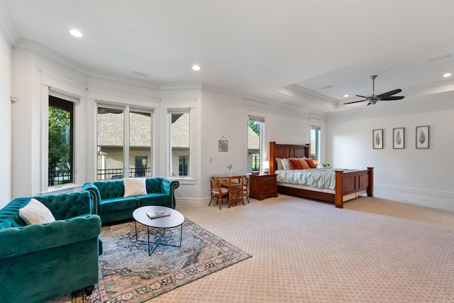5090 Oakhurst Way, Conway, AR 72034 - bedroom with light carpet, ornamental molding, recessed lighting, and ceiling fan