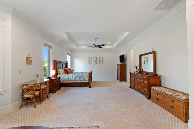 5090 Oakhurst Way, Conway, AR 72034 - bedroom featuring crown molding, light colored carpet, a ceiling fan, a tray ceiling, and recessed lighting