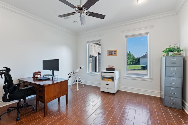 5090 Oakhurst Way, Conway, AR 72034 - home office with a ceiling fan, plenty of natural light, crown molding, dark wood-style floors, and recessed lighting