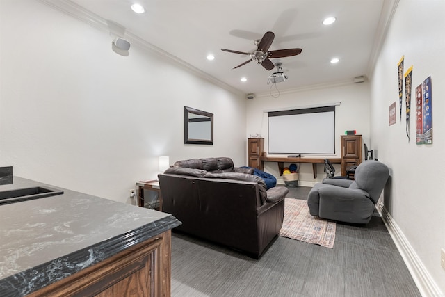 5090 Oakhurst Way, Conway, AR 72034 - carpeted home theater featuring a ceiling fan, ornamental molding, and recessed lighting