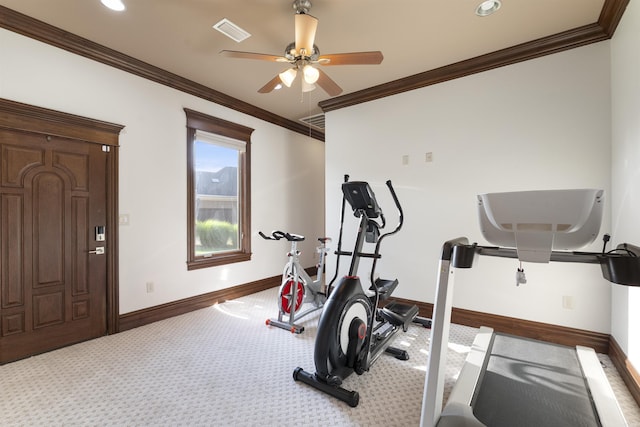 5090 Oakhurst Way, Conway, AR 72034 - workout area with crown molding, a ceiling fan, carpet, and recessed lighting