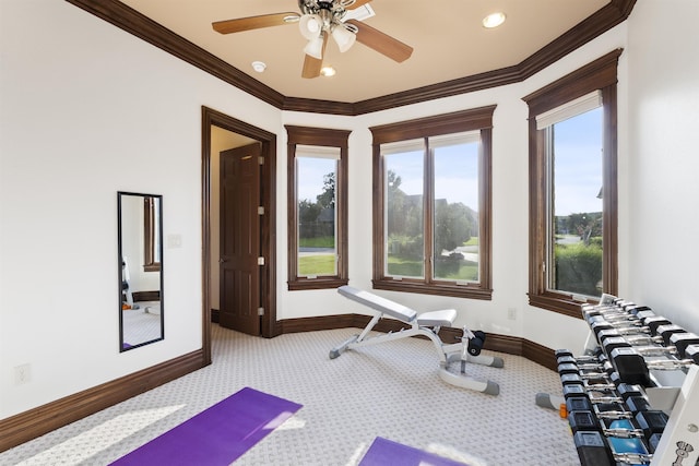5090 Oakhurst Way, Conway, AR 72034 - workout room featuring crown molding, carpet floors, a ceiling fan, and recessed lighting