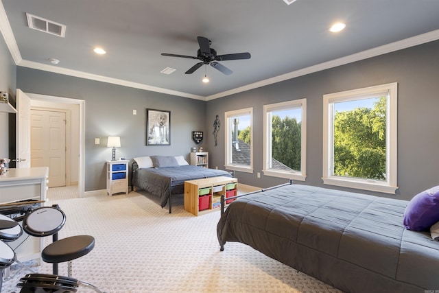 5090 Oakhurst Way, Conway, AR 72034 - bedroom with light colored carpet, recessed lighting, ornamental molding, and a ceiling fan