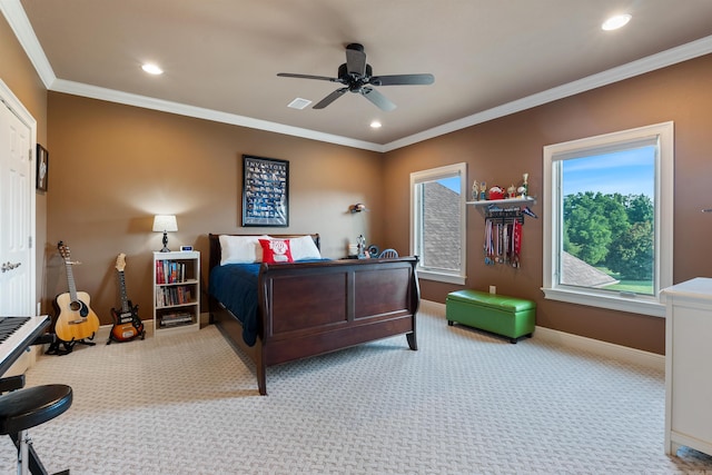 5090 Oakhurst Way, Conway, AR 72034 - bedroom featuring carpet flooring, recessed lighting, ornamental molding, and ceiling fan