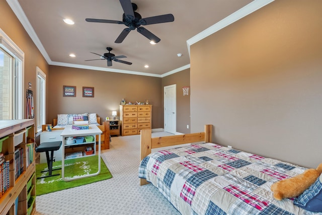 5090 Oakhurst Way, Conway, AR 72034 - carpeted bedroom with ornamental molding, recessed lighting, and a ceiling fan