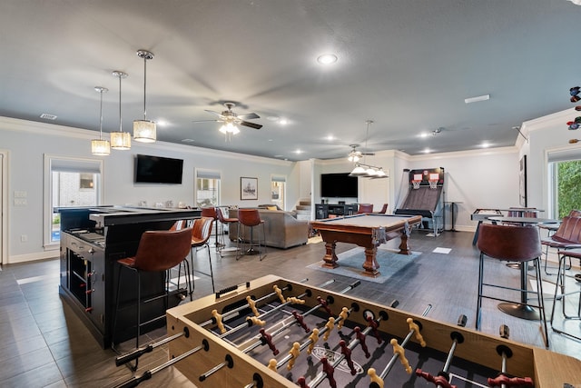 5090 Oakhurst Way, Conway, AR 72034 - playroom featuring ceiling fan, crown molding, billiards, and recessed lighting