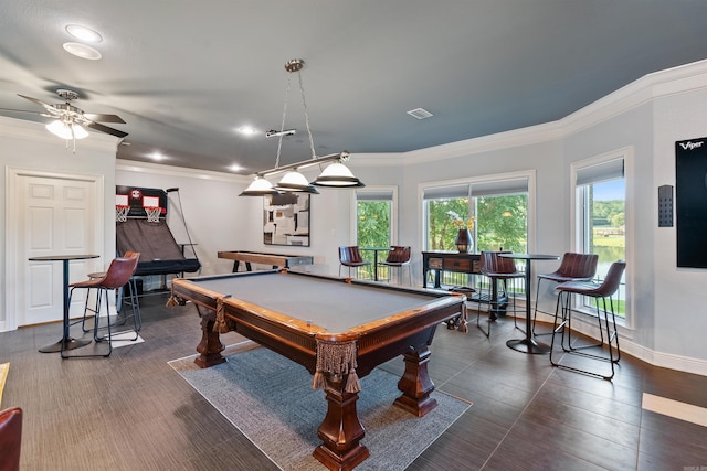 5090 Oakhurst Way, Conway, AR 72034 - game room with billiards table, a ceiling fan, crown molding, recessed lighting, and dark wood finished floors