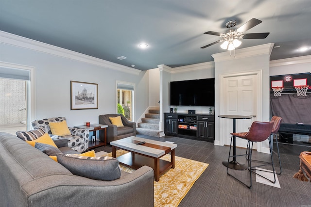 5090 Oakhurst Way, Conway, AR 72034 - living area featuring ceiling fan, crown molding, recessed lighting, and stairway