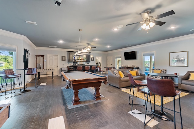 5090 Oakhurst Way, Conway, AR 72034 - recreation room featuring a ceiling fan, healthy amount of natural light, billiards, ornamental molding, and recessed lighting