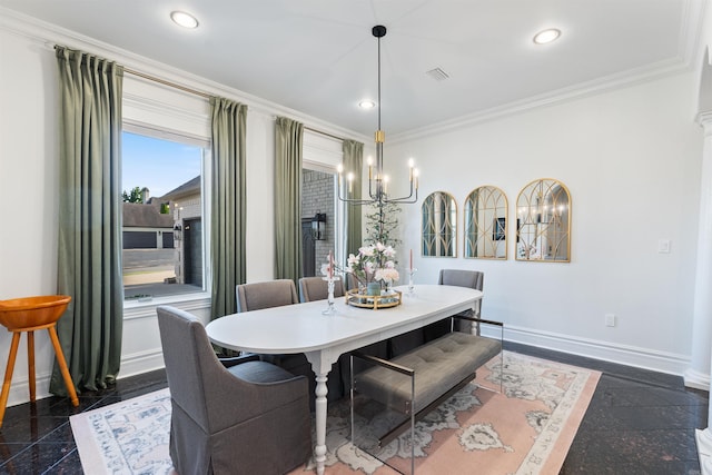 5090 Oakhurst Way, Conway, AR 72034 - dining room with a chandelier, granite floors, crown molding, and recessed lighting