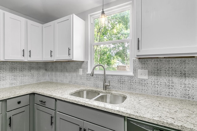 1550 E Main St, Austin, AR 72007 - kitchen with gray cabinetry, dishwasher, light stone counters, and backsplash