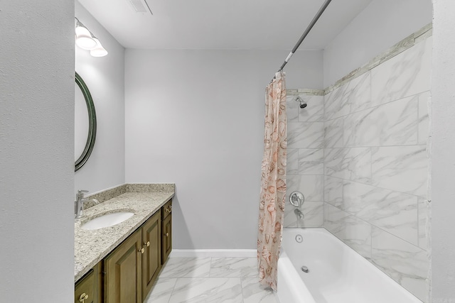 1550 E Main St, Austin, AR 72007 - full bath featuring marble finish floors, vanity, and shower / bathtub combination with curtain