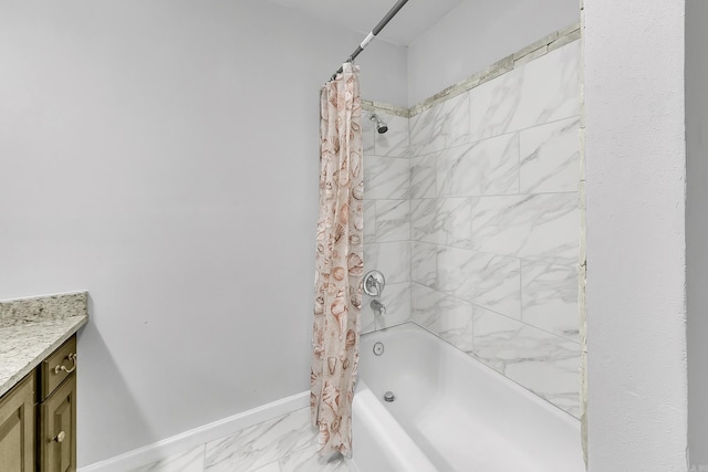 1550 E Main St, Austin, AR 72007 - bathroom featuring shower / tub combo with curtain, vanity, and marble finish flooring