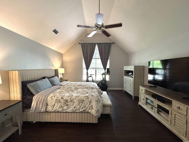 1715 Royal Dr, Conway, AR 72034 - bedroom with dark wood-style flooring, lofted ceiling, and a ceiling fan