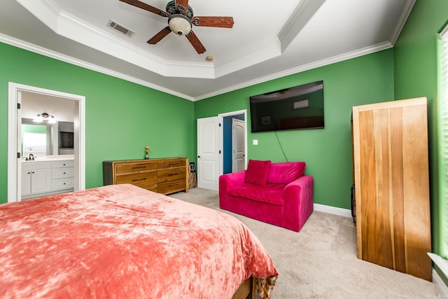 3200 Overcup Dr, Sherwood, AR 72120 - bedroom with a raised ceiling, carpet, crown molding, ensuite bathroom, and a ceiling fan