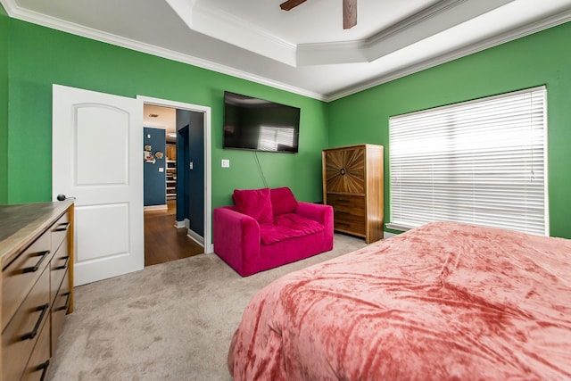 3200 Overcup Dr, Sherwood, AR 72120 - bedroom with a raised ceiling, carpet floors, crown molding, and a ceiling fan