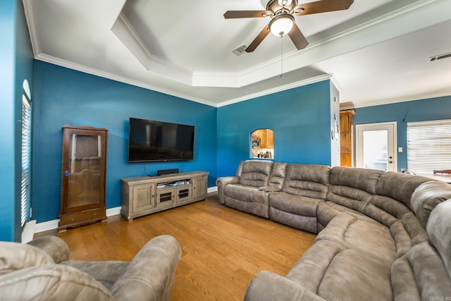 3200 Overcup Dr, Sherwood, AR 72120 - living room featuring ceiling fan, wood finished floors, and crown molding