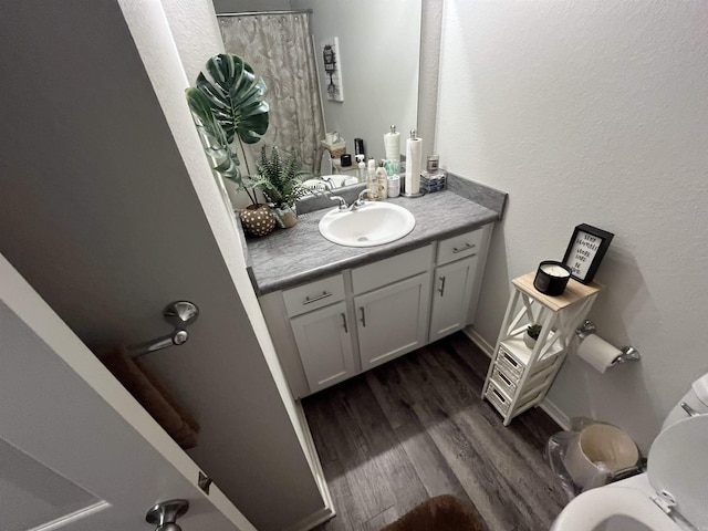 bathroom featuring vanity, wood finished floors, and a shower with shower curtain