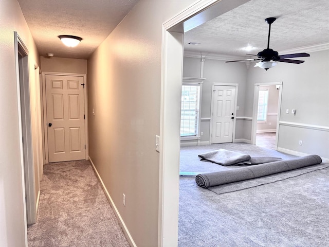 hallway with carpet flooring, a textured ceiling, and plenty of natural light