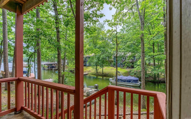 5 Torre Del Mar Way, Hot Springs Village, AR 71909 - wooden deck with a water view, a dock, and view of wooded area