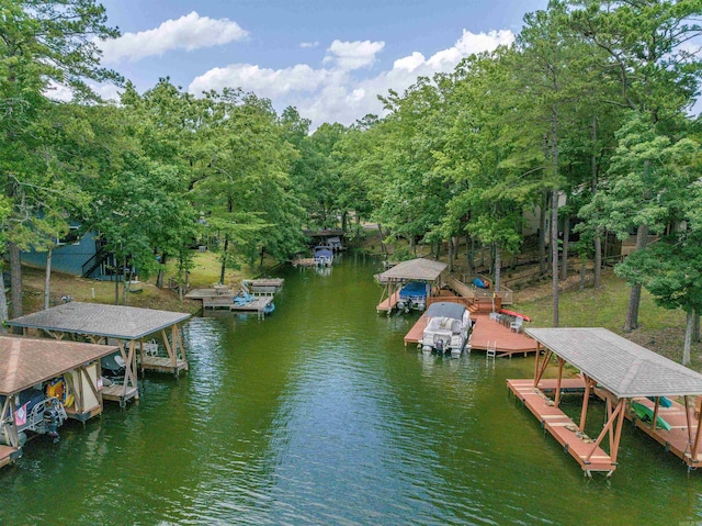 5 Torre Del Mar Way, Hot Springs Village, AR 71909 - dock area with boat lift, a water view, and view of scattered trees