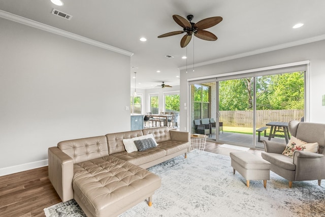 301 Kanis Ridge Dr, Little Rock, AR 72223 - living area with ceiling fan, wood finished floors, recessed lighting, and ornamental molding