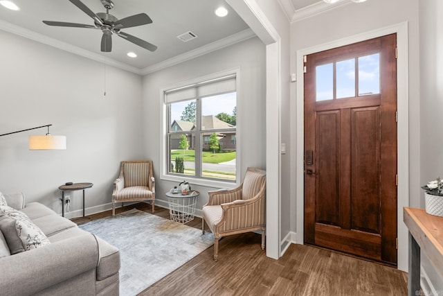 301 Kanis Ridge Dr, Little Rock, AR 72223 - foyer entrance featuring wood finished floors, recessed lighting, ornamental molding, and ceiling fan
