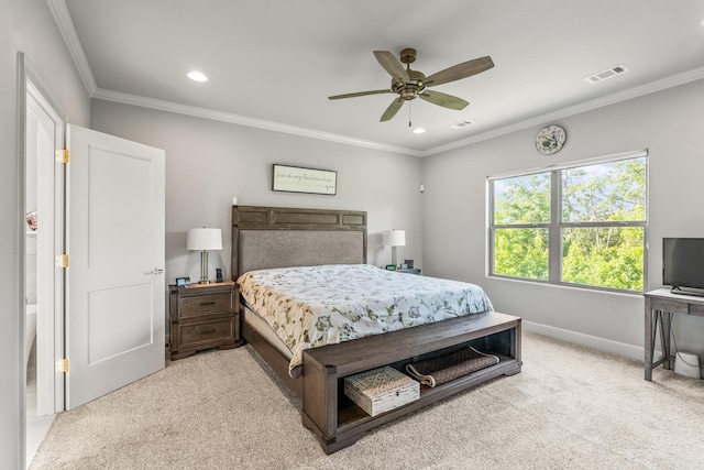 301 Kanis Ridge Dr, Little Rock, AR 72223 - bedroom with light colored carpet, crown molding, recessed lighting, and a ceiling fan