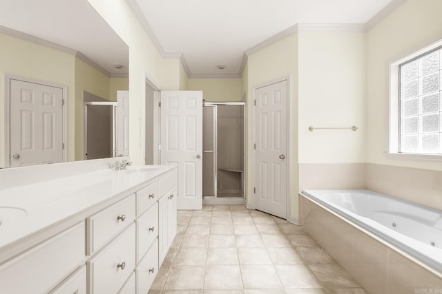 2219 Westport Loop, Little Rock, AR 72212 - full bath with a stall shower, a tub with jets, double vanity, and ornamental molding