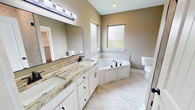 56 Blair, Vilonia, AR 72173 - full bathroom with marble look tiles, a garden tub, double vanity, and recessed lighting