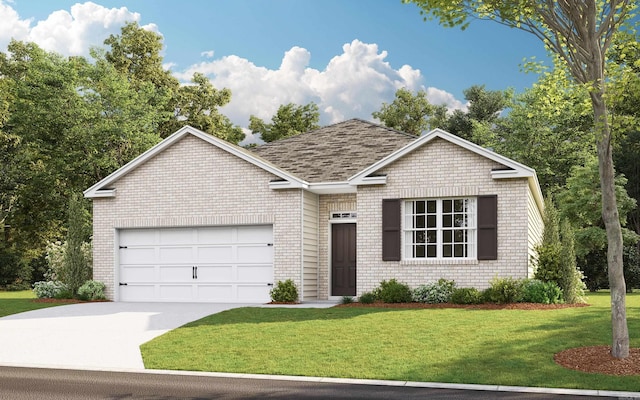 ranch-style home with brick siding, an attached garage, driveway, and a front lawn